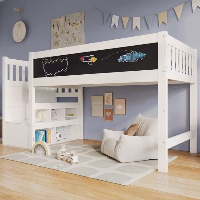 Letto a Soppalco con Lavagna, Contenitore e Protezione ¨C MINIMAL ¨C 90x200, Bianco, Rete a Doghe