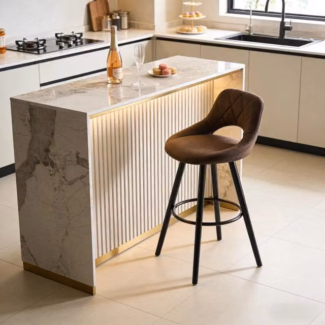 Sgabello da bar OKWISH con schienale ergonomico in tessuto e legno massiccio marrone scuro