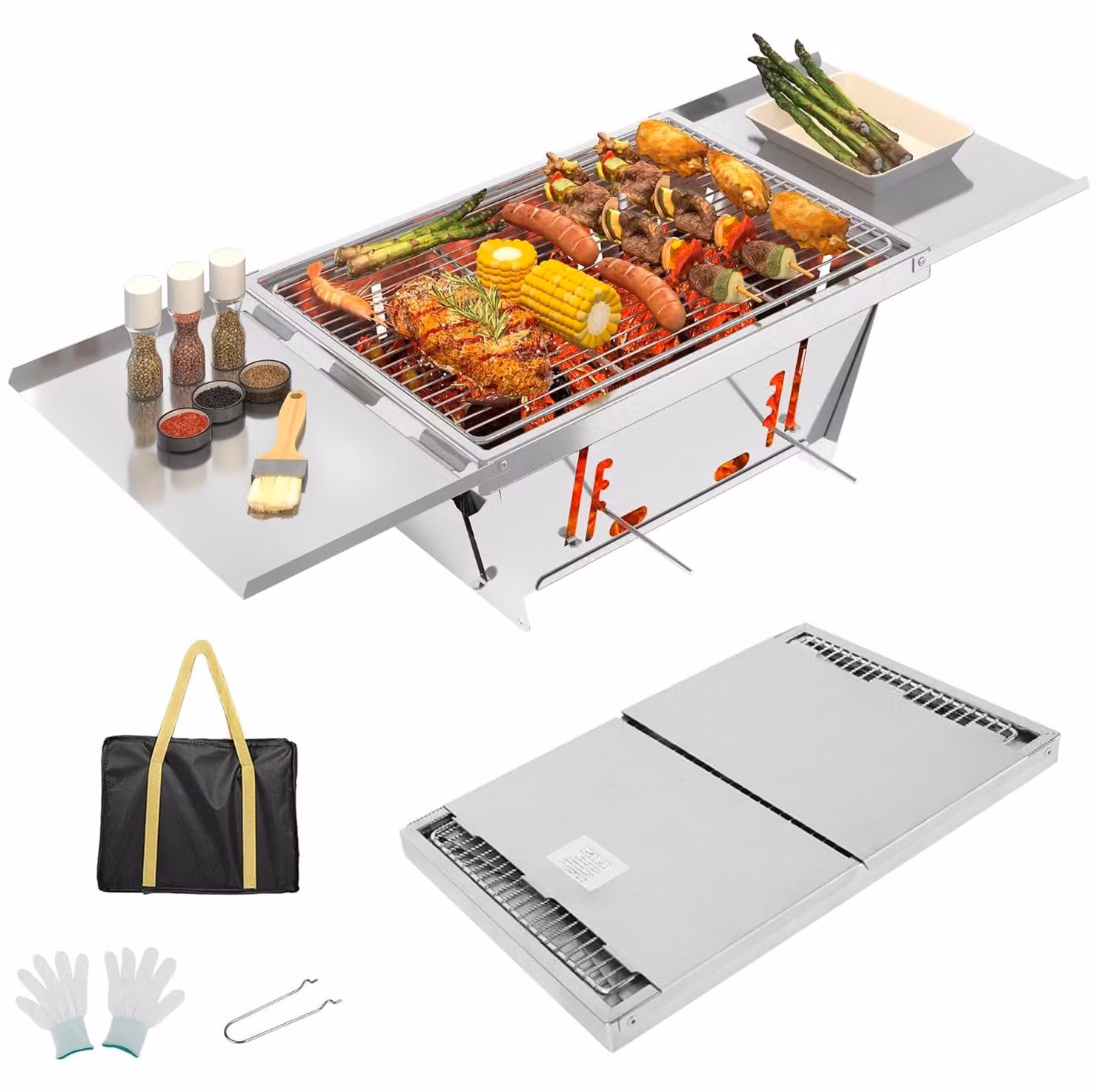 Barbecue a carbone pieghevole - Griglia da campeggio portatile - 65 x 25 x 14 cm - Acciaio inossidabile - Richiudibile