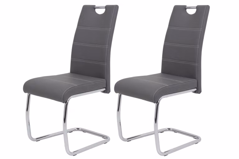 Hela Tische, set di 2 sedie per sala da pranzo a sbalzo Flora - rivestimento in Pelle finta grigio - struttura in metallo a tubo tondo cromato - portata 120 kg - schienale con maniglia