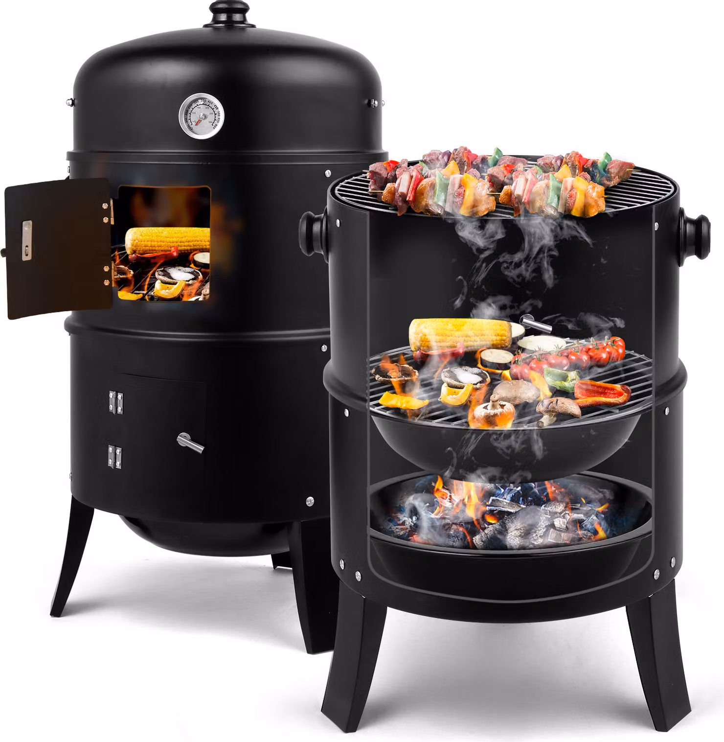 FCH griglia a carbone 3 in 1 cesto affumicato, griglia da giardino, termometro, ventilazione, porta, 3 ruggine, affumicatore, BBQ
