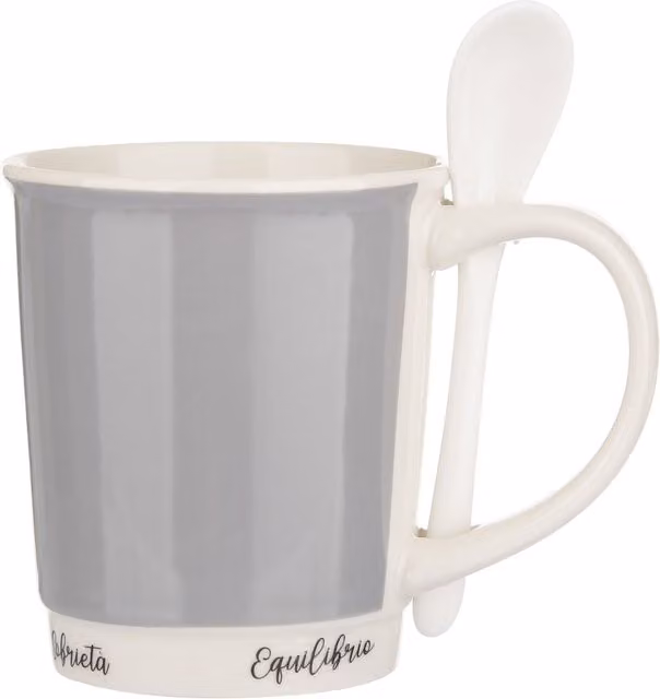 Mug KASANOVA in ceramica grigia con coperchio e cucchiaino, 400 ml