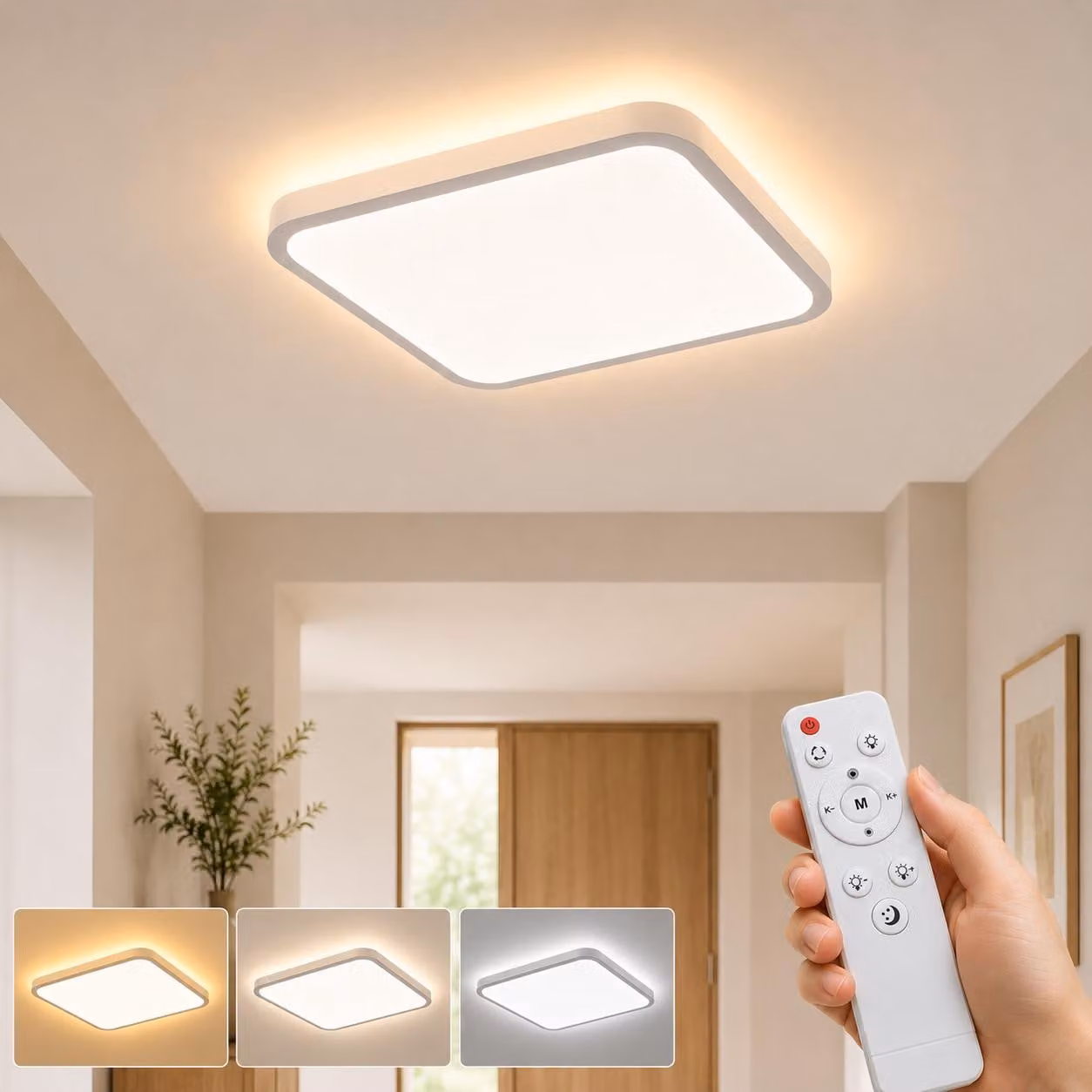 Lampada da soffitto a LED da 24W con luce notturna, 3200LM - 1800K, luce ambrata. Lampada piatta, dimmerabile, 29cm. Funzioni: timer con memoria, controllo remoto. Ideale per la camera da letto, design quadrato