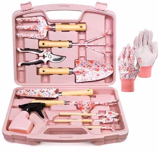 Set di 12 utensili da giardino Unyqoos®: acciaio inossidabile da 1,5 mm, manici ergonomici in legno, robusta custodia per il trasporto. Set completo per scavare, piantare e potare
