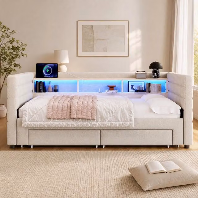 Letto daybed estraibile MODFU in velluto beige con cassetti, illuminazione LED e porta USB, dimensioni 90x190 cm