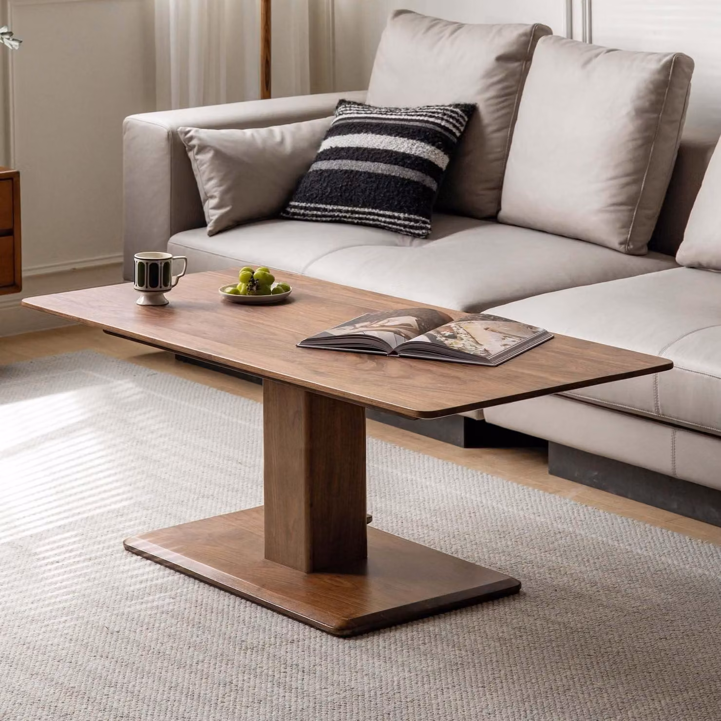 Tavolino da caffè in legno massello di quercia, dimensioni 120x60 cm, con altezza regolabile da 47 a 72 cm