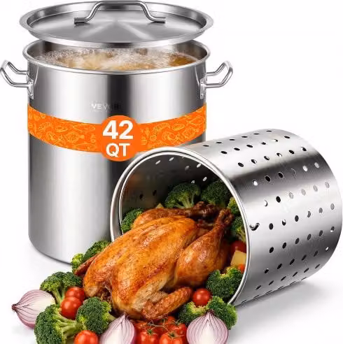 Pentola per zuppa e salse VEVOR in acciaio inox color argento con cestello e coperchio, capacità 40 l