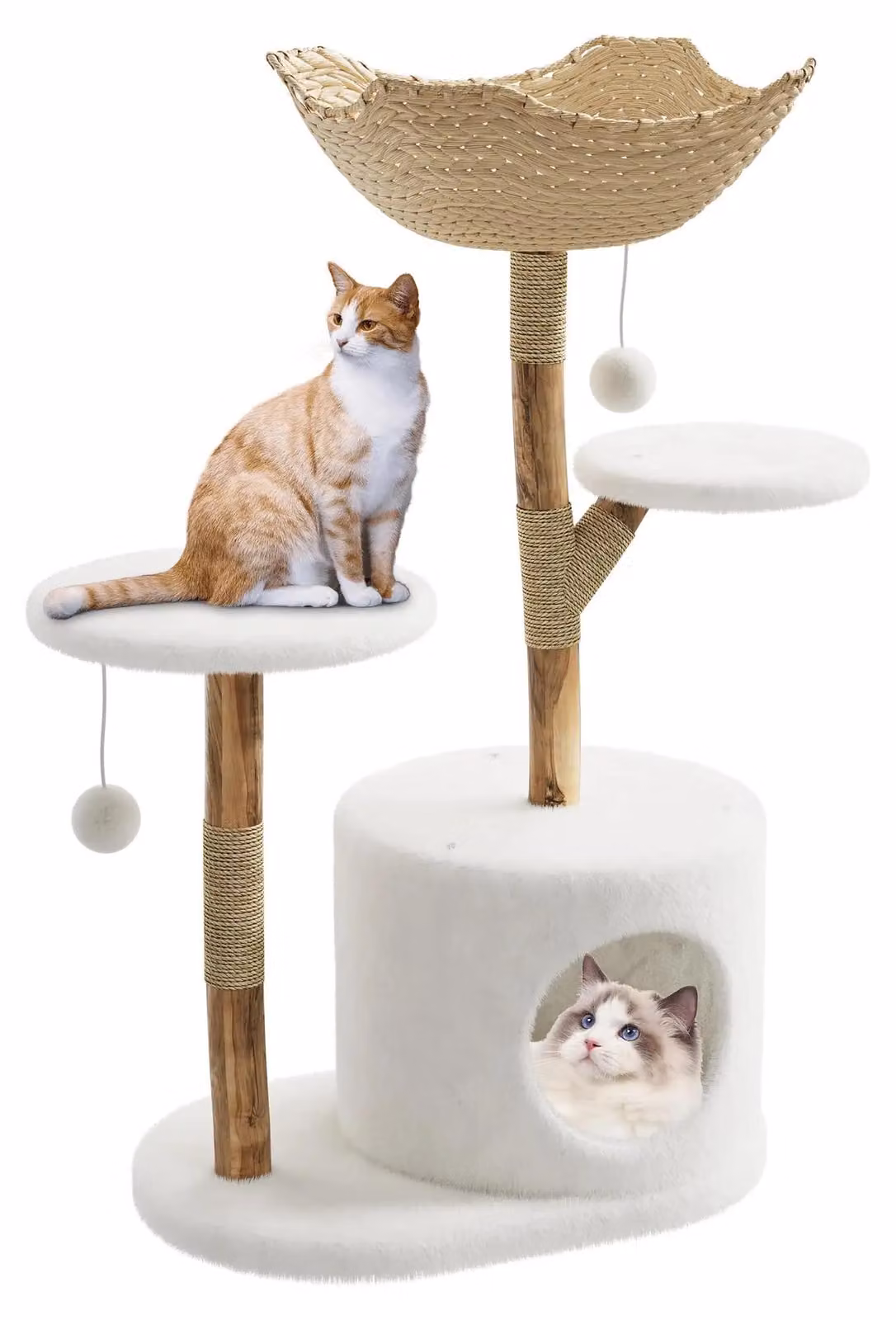 Albero per gatti – Realizzato in legno massello, con cesto intrecciato, rifugio, diversi livelli, rami e design bohémien