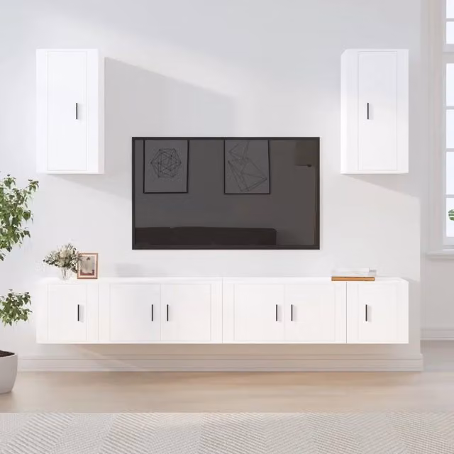 Set di 6 mobili porta TV vidaXL in legno multistrato bianco opaco da appendere al muro – 1