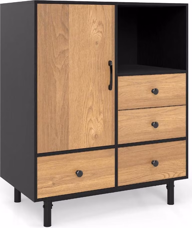 KOMFOTTEU Mobile buffet con 1 armadio, 1 ripiano e 4 cassetti, credenza con gambe in metallo, cassettiera per soggiorno, sala da pranzo, corridoio, mobile da cucina 80 x 45,5 x 97,5 cm (nero)
