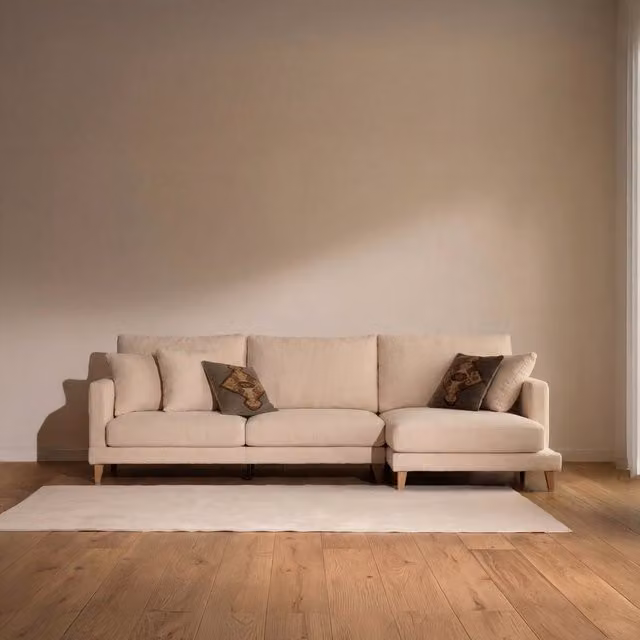 Sofà lettino Banak Dafne a 4 posti con angolo destro, modello scandinavo beige in tessuto e legno di faggio, con funzione letto per adulti, L 290 cm x P 90 cm