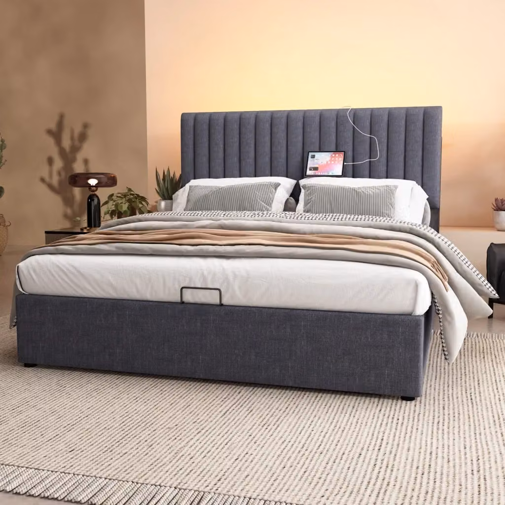 Letto matrimoniale MODFU con contenitore e illuminazione LED, porte USB e Type-C, grigio, L/P: 140 x 200 cm – 2