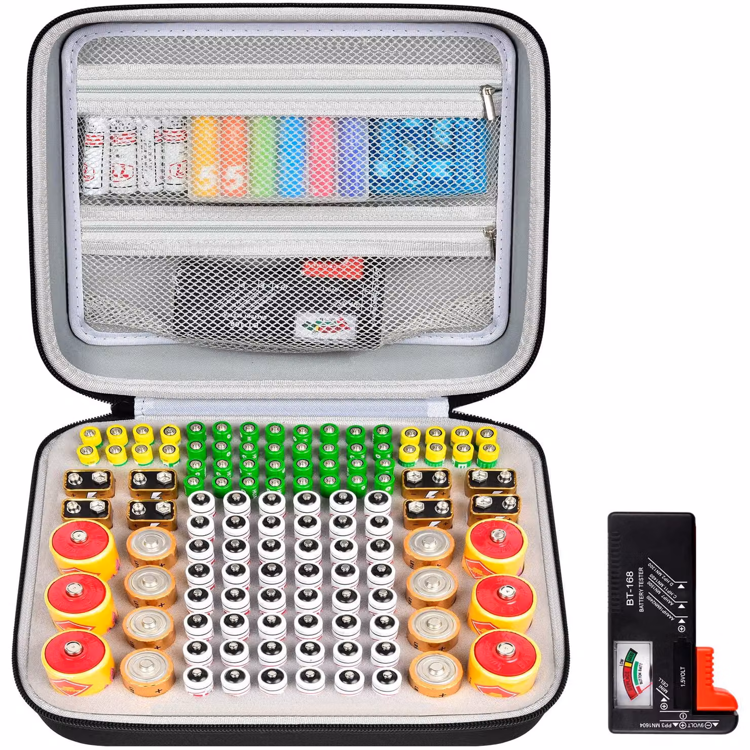 Organizzatore per batterie, borsa porta batterie con contenitore per 118+ batterie e tester integrato