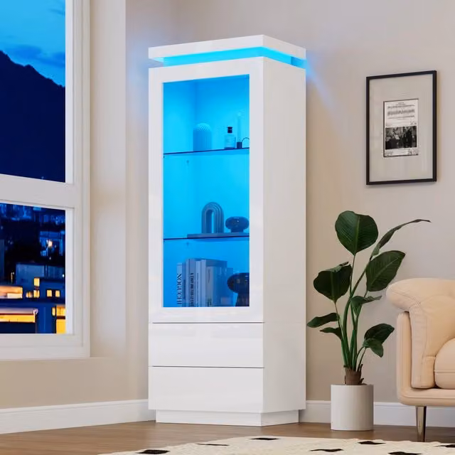 Vetrina 60x40x171 cm, alta con 2 cassetti, finitura lucida, ante in vetro e a ribalta, illuminazione LED, bianca