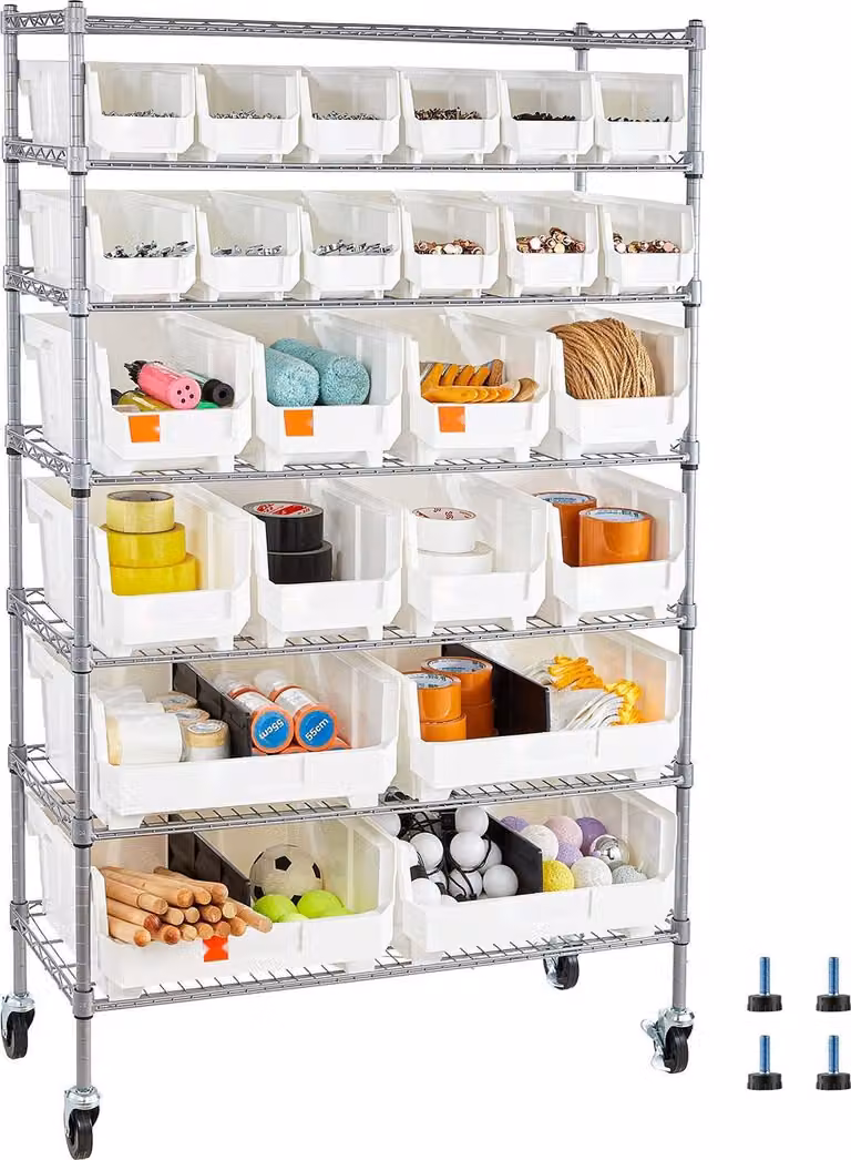 Scaffale da magazzino con contenitori - Scaffale da officina - 7 ripiani - 24 contenitori impilabili - Con rotelle - Dimensioni 35,5 x 90 x 148 cm