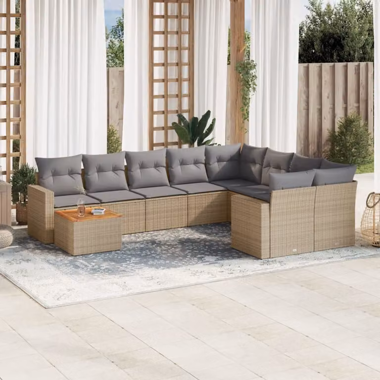 Set Divano da Giardino vidaXL 10 pz in Polyrattan con Cuscini Beige e Grigio