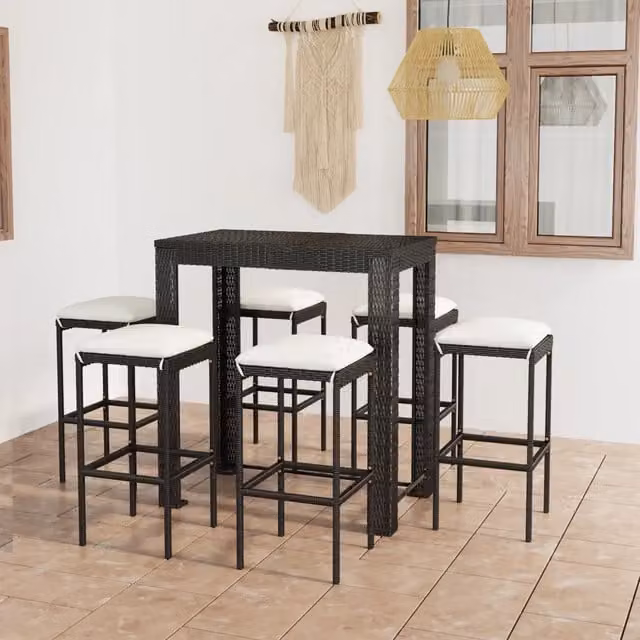 Set Bar da Giardino 7 pz con Cuscini in Polyrattan Nero 3064784