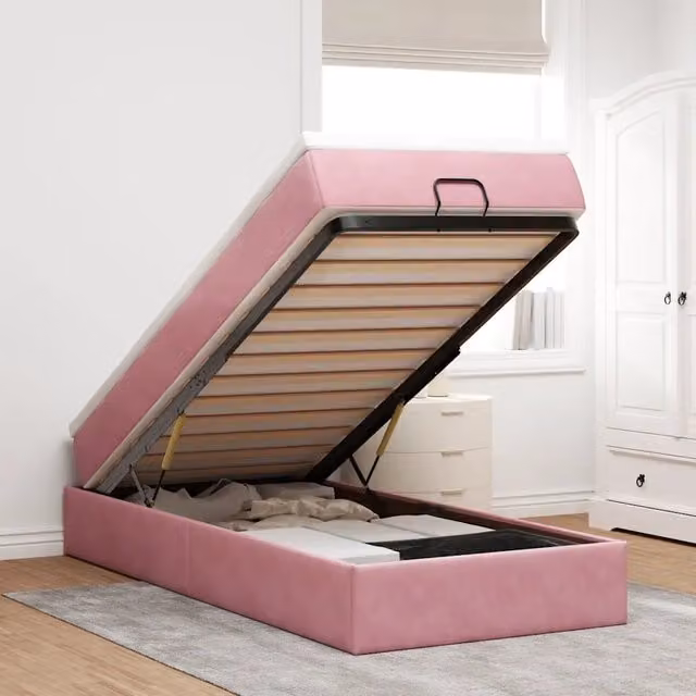 Struttura Letto Pouf con Materasso Rosa 90x200 cm in Velluto 3311164