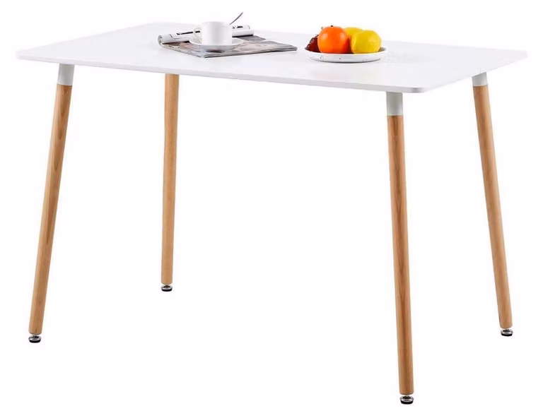 Tavolo da soggiorno rettangolare, bianco, dimensioni 110 x 70 x 73 cm, struttura in MDF, gambe in legno di faggio