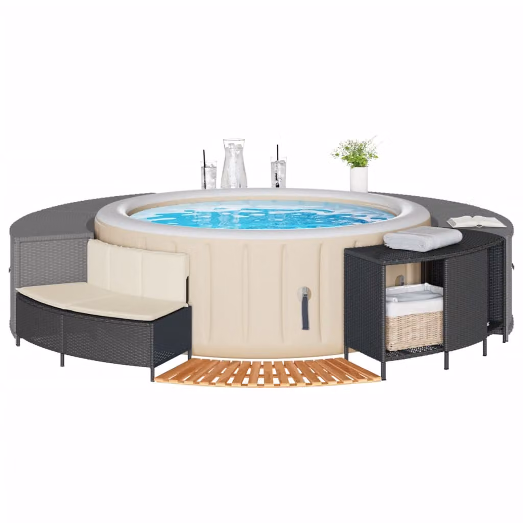 Bordo per Spa vidaXL in Polyrattan Nero e Legno di Acacia Oliato L: 112 cm, P: 55 cm, H: 45 cm