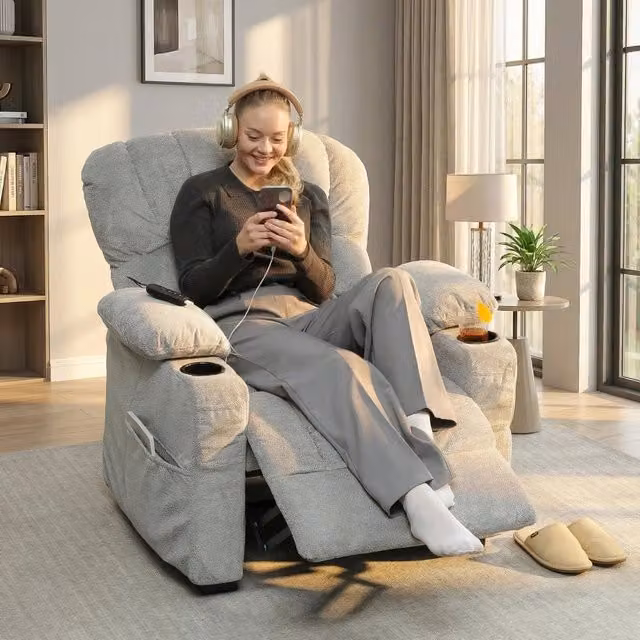 Poltrona Relax Elettrica WISHDOR in Tessuto Effetto Velluto Grigio con USB e Portabicchieri – 1