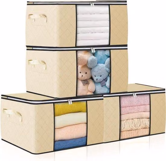 90L Scatole grandi con coperchio - Confezione da 4 - Maniglia rinforzata - Scatole pieghevoli per traslochi - Finestre trasparenti - Organizzatore di vestiti, piumoni, coperte e valigie