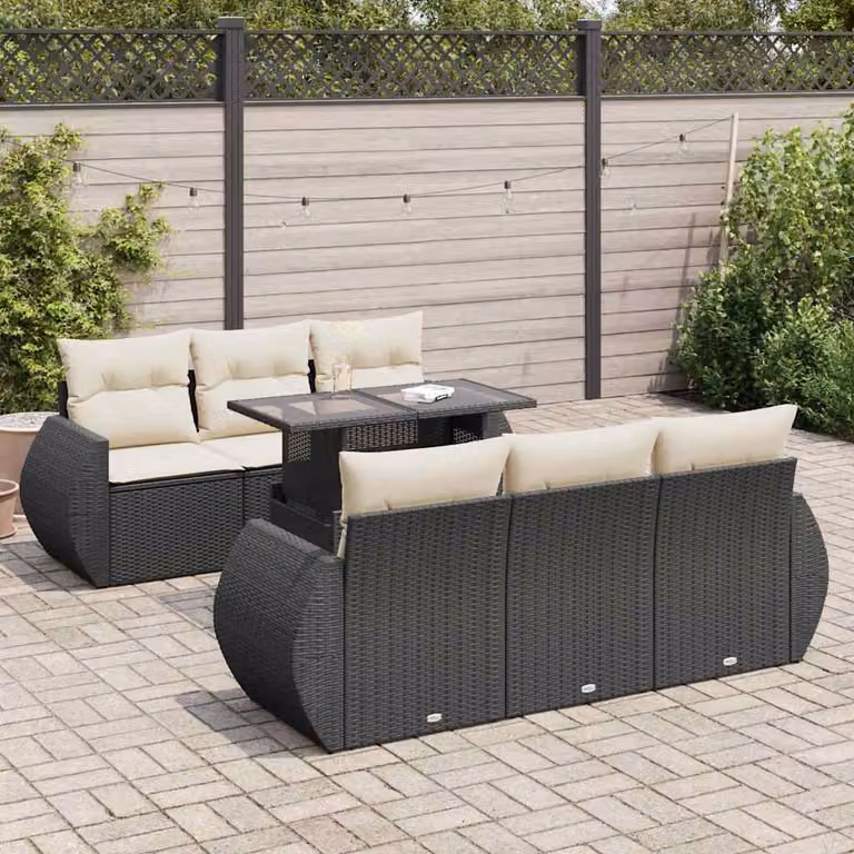 Set Divano da Giardino a L vidaXL con 7 Cuscini, Tavolino e Poltroncine, Design Moderno in Polyrattan e Metallo, Nero e Beige