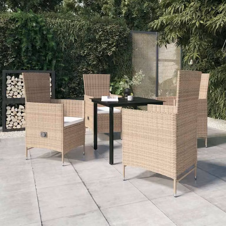 Set da pranzo da giardino vidaXL in polyrattan con cuscini beige e tavolo in vetro per esterno