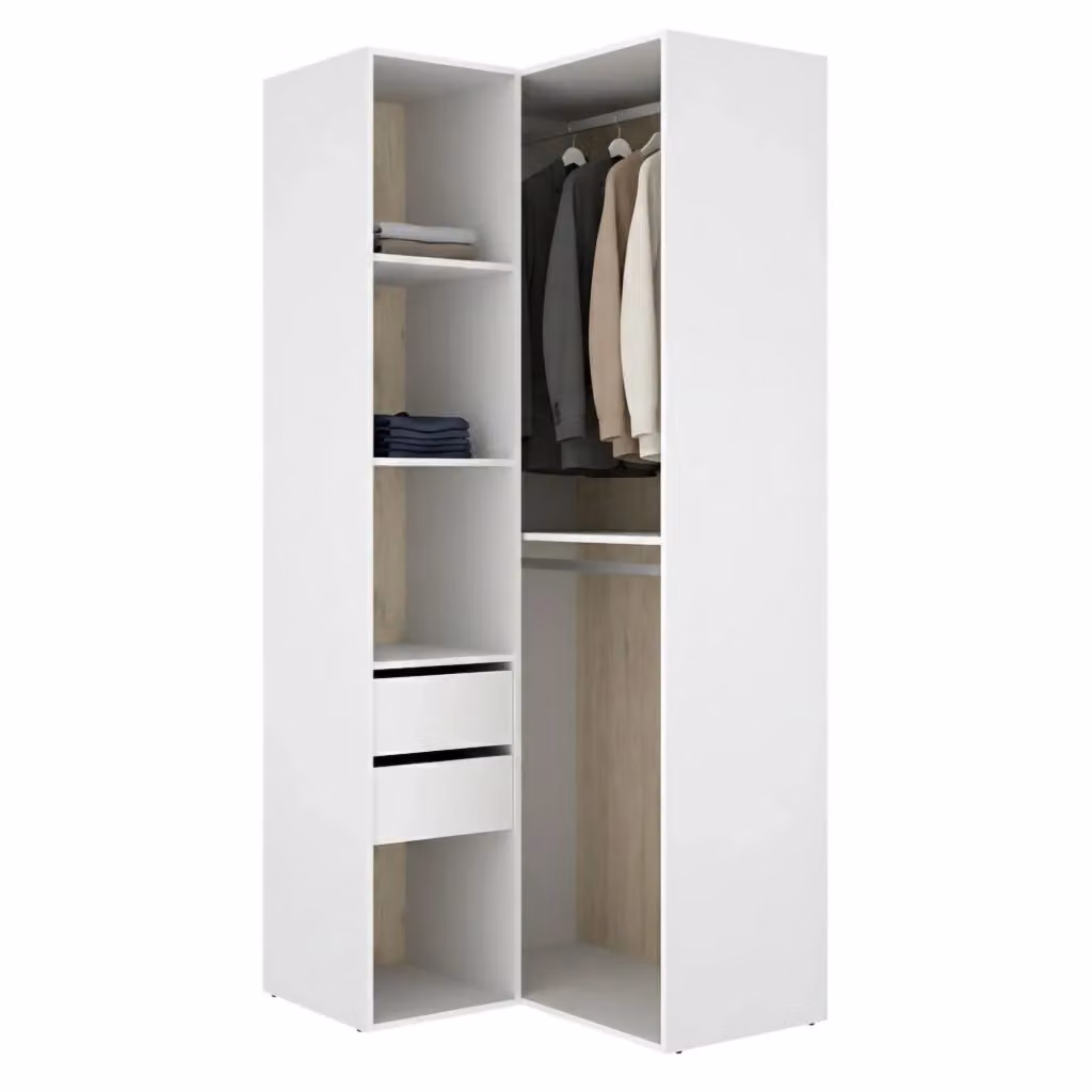 Armadio da camera da letto DMORA con ante scorrevoli e cassetti integrati, design moderno in finitura bianco opaco e rovere, L: 105 cm, H: 205 cm – 2