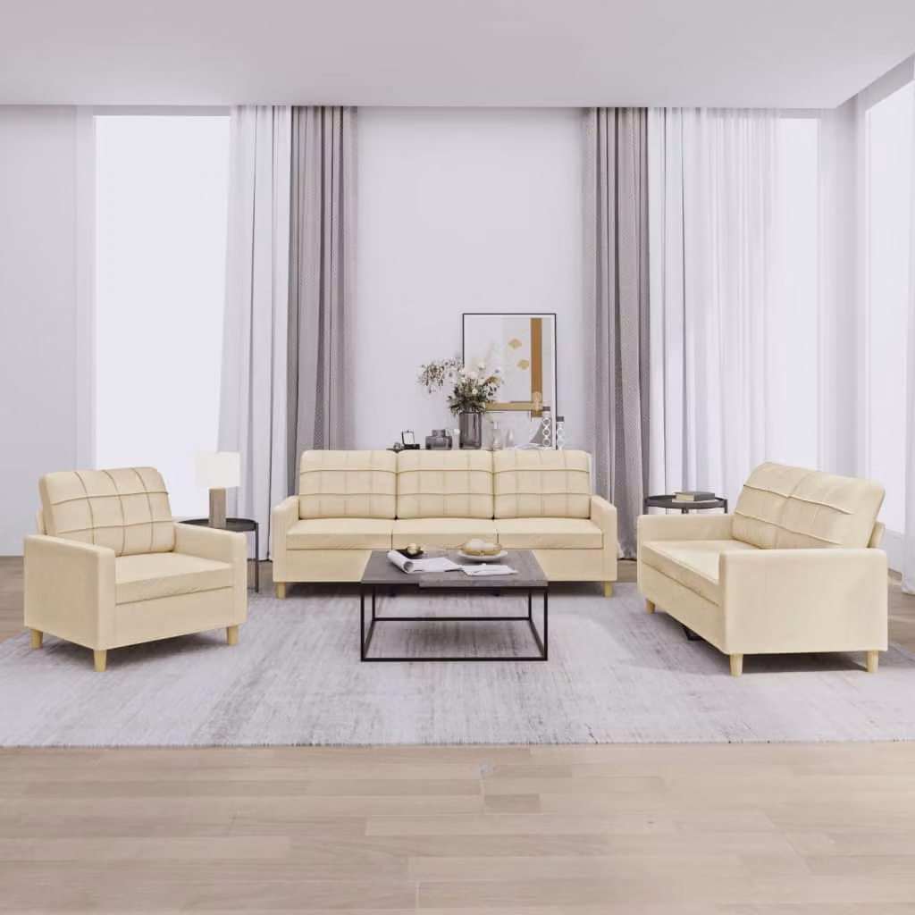 Set di divani vidaXL da 3 pezzi in tessuto beige con cuscini e braccioli per soggiorno