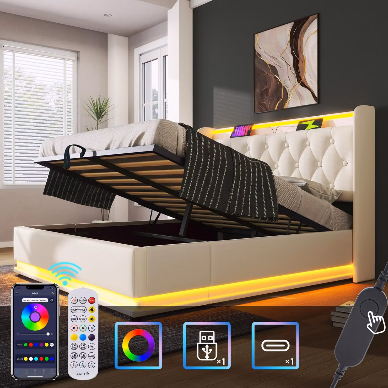 Letto imbottito 180x200 cm con illuminazione LED a 360°, controllo tramite app/telecomando, porte USB e di tipo C, spazio contenitore con sistema idraulico, rete a doghe e testiera imbottita, colore bianco