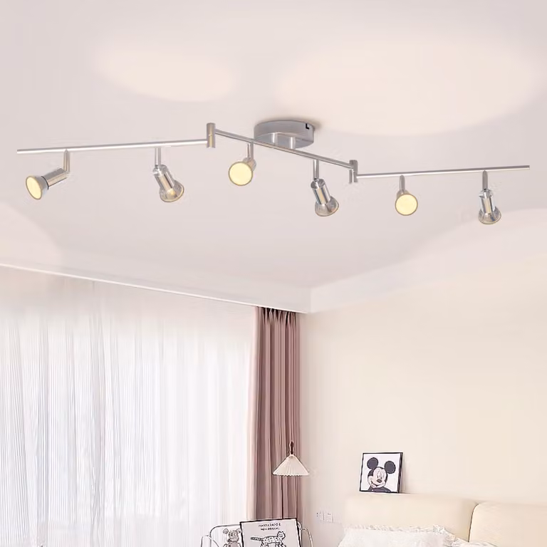 LVWIT Plafoniera LED con 6 faretti, attacco GU10, design moderno, finitura cromata, orientabile a 350°, girevole, ideale per cucina, lampada da soffitto, faretto, per soggiorno e camera da letto. (Senza lampadine)