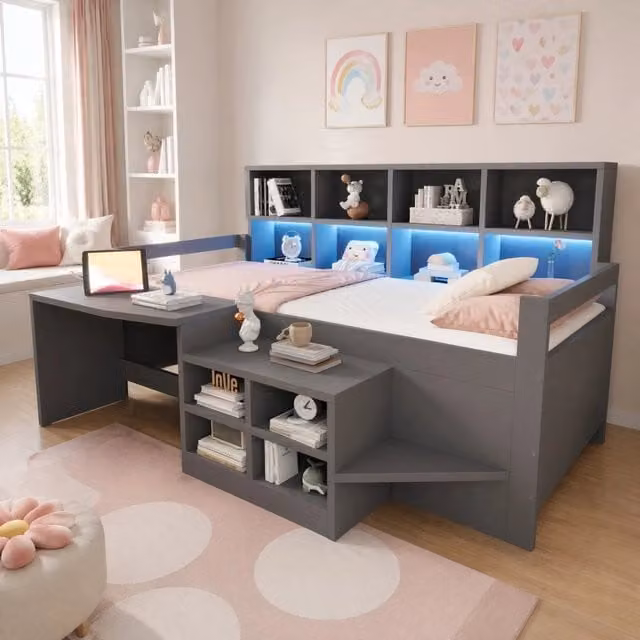 Letto singolo multifunzione 90x200 cm con scrivania; vani contenitore e LED; grigio