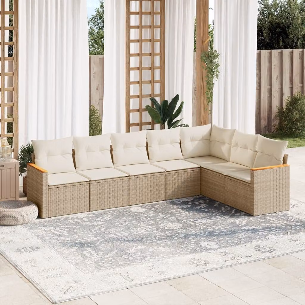 vidaXL Set Divani da Giardino 7 pz a Forma a L con Cuscini Beige e Struttura in Metallo e Polyrattan – 1