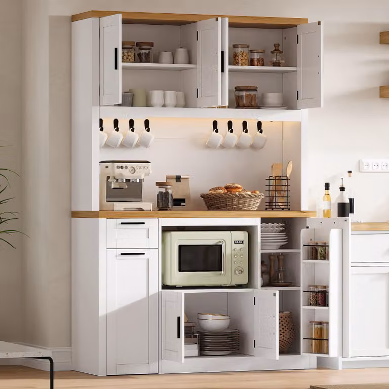 Armadio da cucina con cassetti, dispensa con illuminazione a LED e prese di corrente, vetrina con ripiani, dimensioni 120x40x182 cm, bianco, MDF+pannello di fibra a media densità
