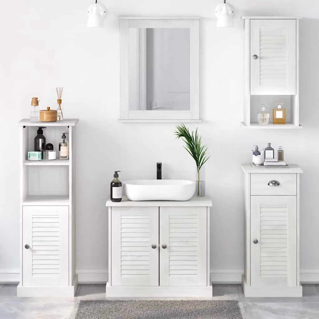 Set di mobili per il bagno VIGO vidaXL in legno di pino bianco, 5 pezzi, moderno e sospeso, L/P/H: 110 x 43,8 x 68 cm