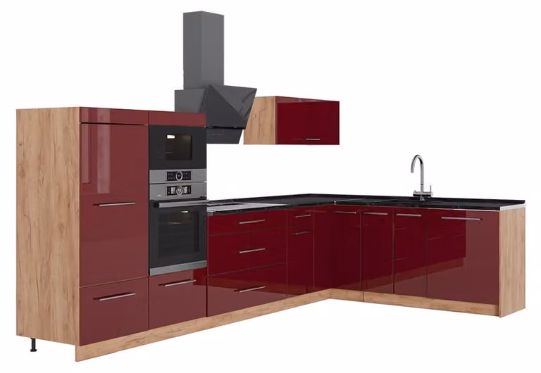 Cucina angolare completa Vicco Fame-Line Bordeaux lucido/Rovere dorato 347 x 207 cm, PL Antracite, Model 63609