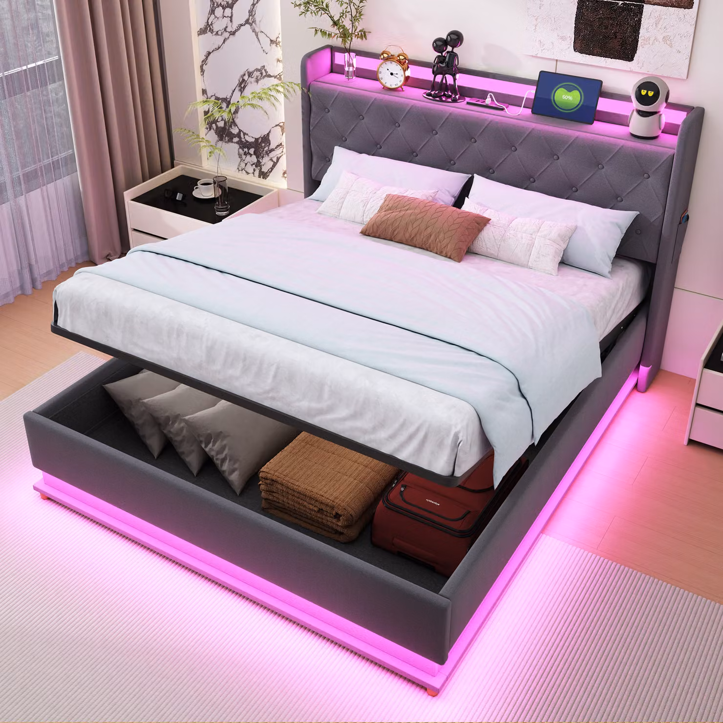 Letto imbottito Flieks 160x200cm con USB, letto contenitore letto matrimoniale con rete a doghe e LED, letto a molle idrauliche letto per ragazzi, biancheria, grigio