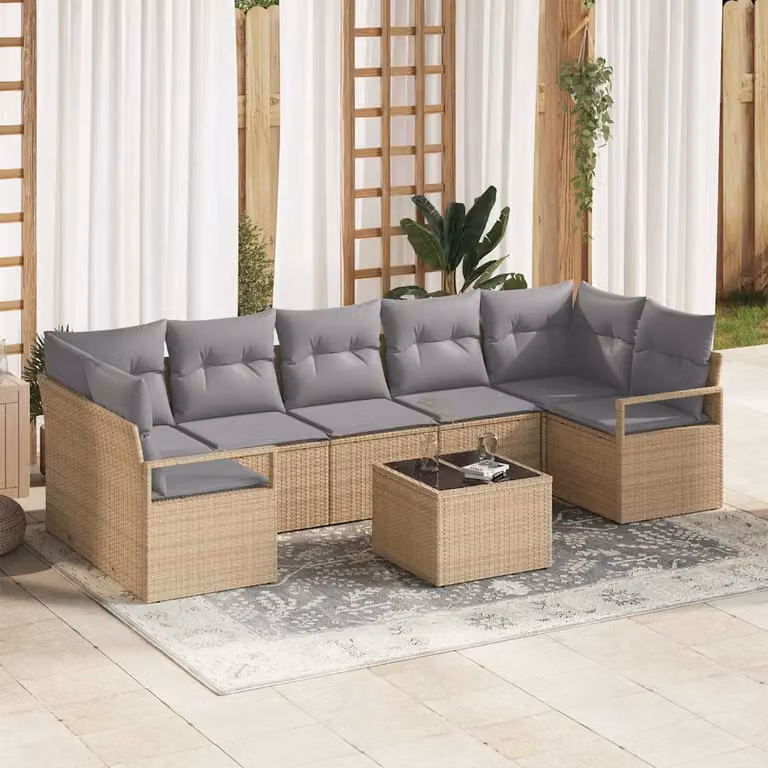 Set di divani da giardino vidaXL a forma di U con 8 posti, colore beige e grigio, in rattan e metallo con cuscini inclusi