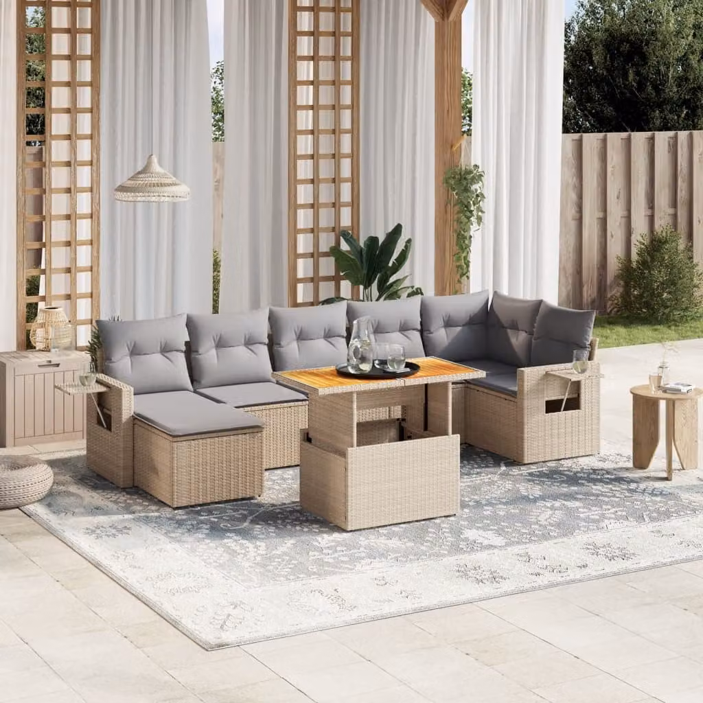 vidaXL Set Divano da Giardino 8 pz in Polyrattan Beige con Cuscini e Tavolino da Esterno – 1
