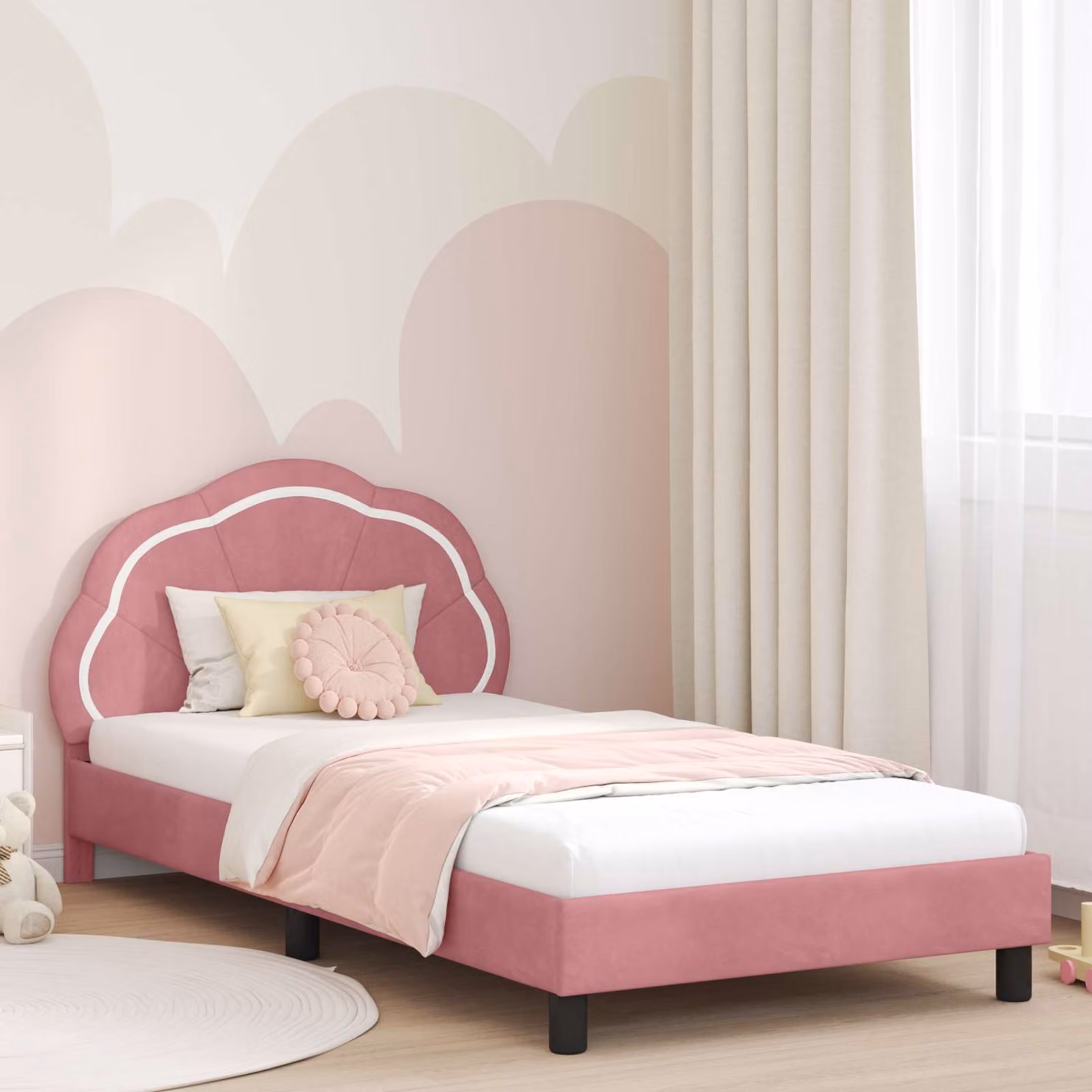 vidaXL Struttura letto per bambini in velluto rosa con testata, L/P/H: 208 x 90 x 104,5 cm – 1