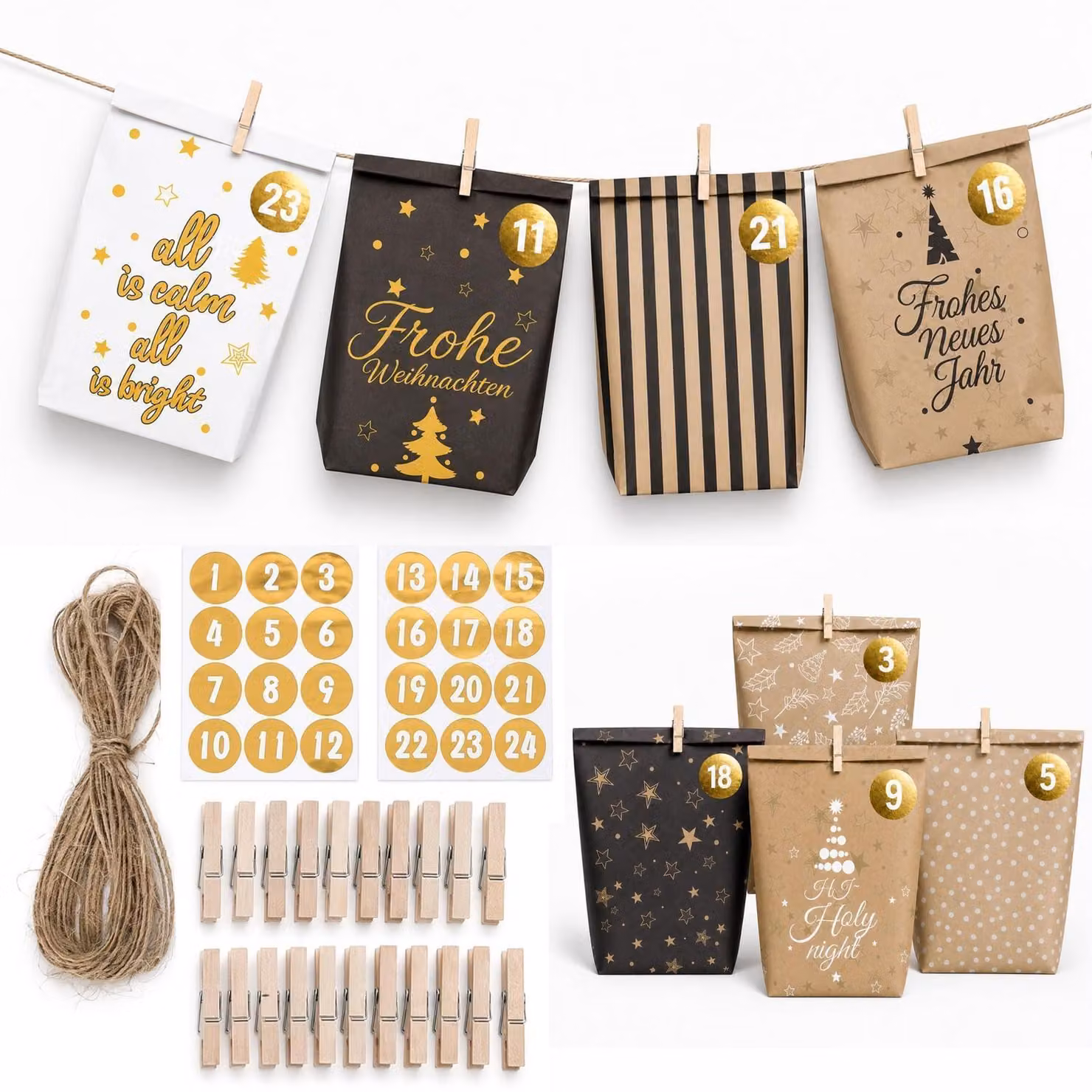 Set di 24 sacchetti per l'avvento, da riempire, con 8 diversi motivi natalizi, realizzati in carta kraft, nei colori nero e oro. Include anche 24 graffette di legno, 20 metri di corda di iuta e 24 adesivi con numeri