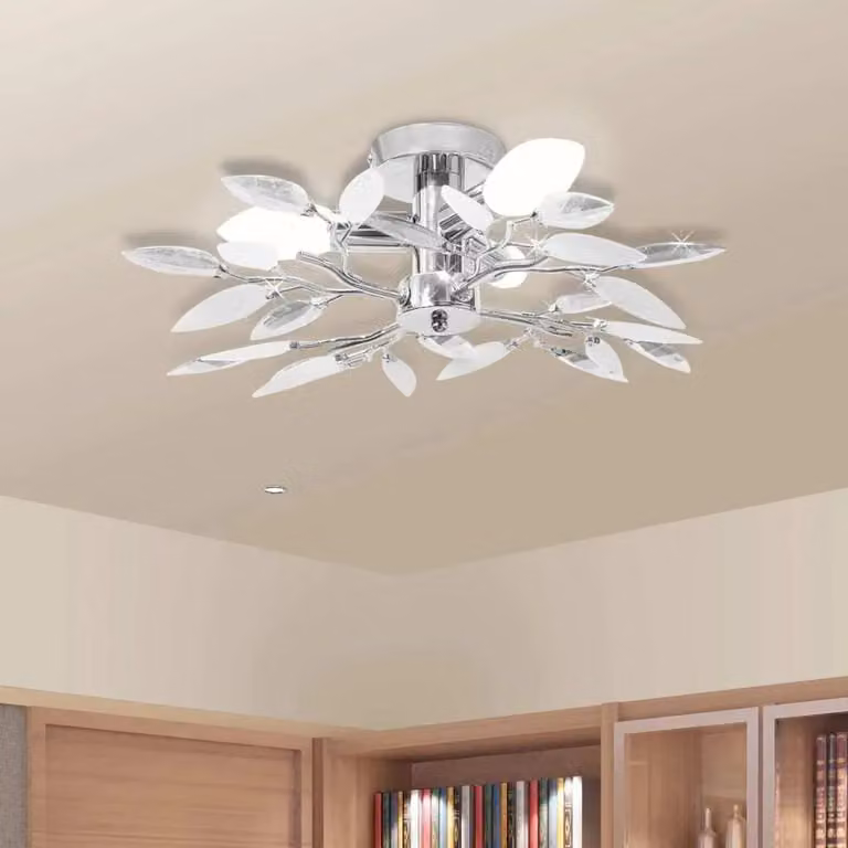 Lampada da soffitto con braccio in cristallo acrilico bianco e trasparente, con dettagli bianchi, per 3 lampadine E14