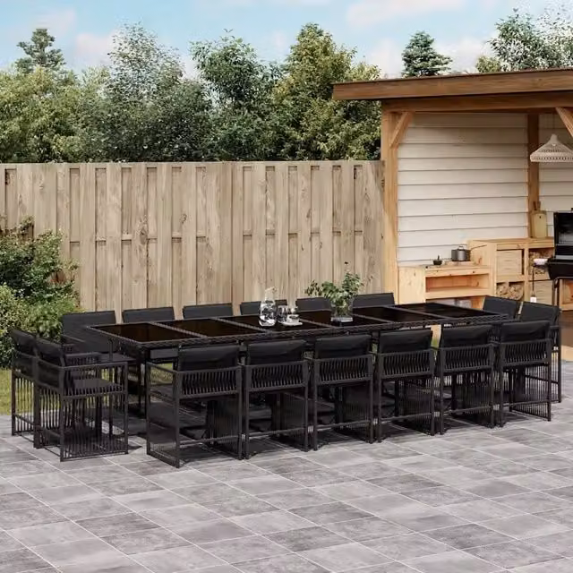 Set da pranzo da giardino vidaXL in polyrattan nero con cuscini e tavolo in vetro 17 pezzi – 1