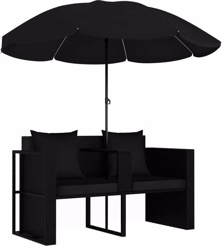 Lettino da Giardino con Ombrellone in Polyrattan Nero
