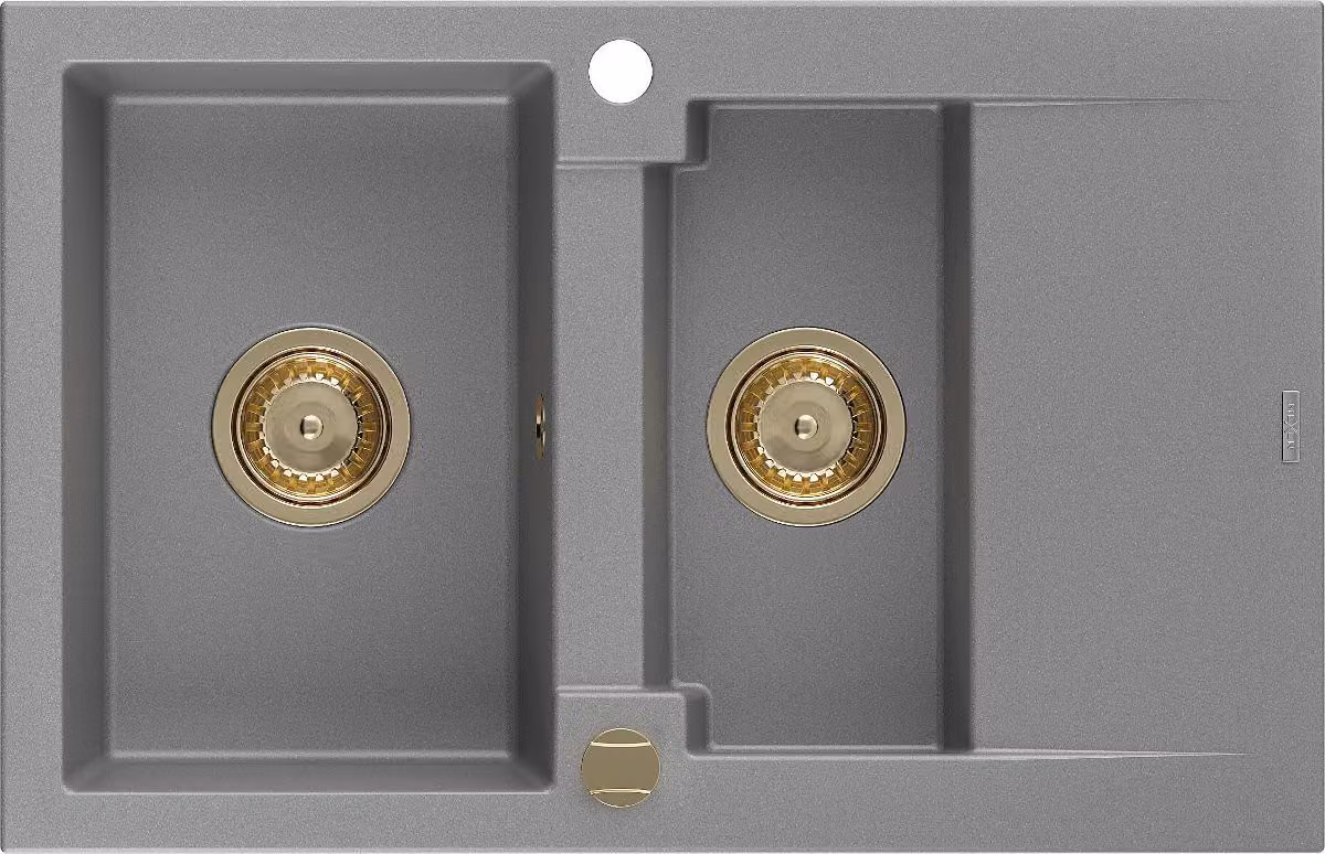 Mexen Gaspar lavello in granito 1,5 vasche con gocciolatoio 737 x 475 mm, grigio, sifone dorato - 6507731505-71-G