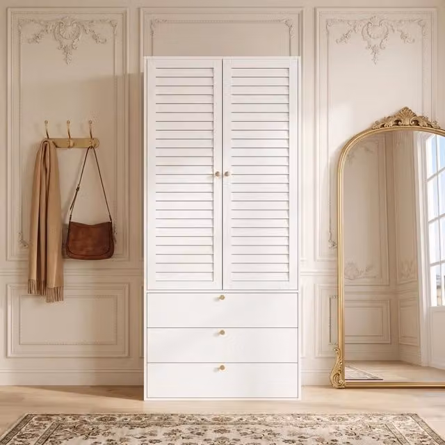 Armadio 90 x 50 x 200 cm; 2 ante a lamelle; 1 asta appendiabiti; 3 cassetti; ante a battente; design moderno; bianco