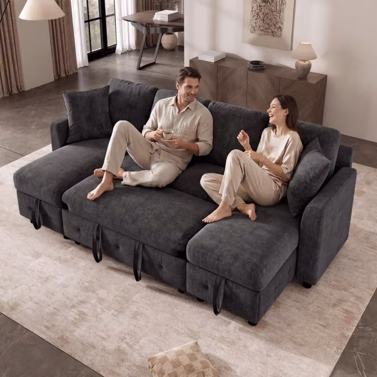 Divano letto moderno a forma di "L" in velluto, divano angolare a 4 posti con spazio contenitore, chaise longue, con porte USB e Type-C, divano letto, colore grigio scuro
