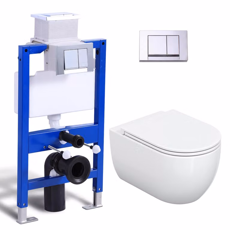 Set completo per WC a parete - cassetta di scarico da 82 cm + WC sospeso senza bordo + piastra di spinta rettangolare cromata HOROW