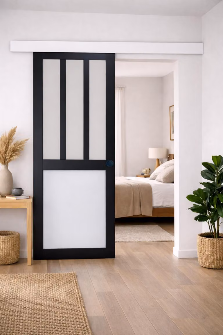 Porta scorrevole da officina nera, bianca con vetro H204 x L83 cm, binario in alluminio con fascia bianca, gusci neri GD MENUISERIES